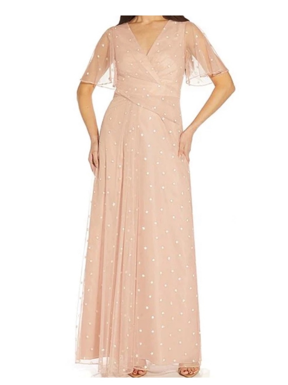 Adrianna Papell Surplice Metallic Clip Dot Flutter Sleeve Blush Pink Dress 6
